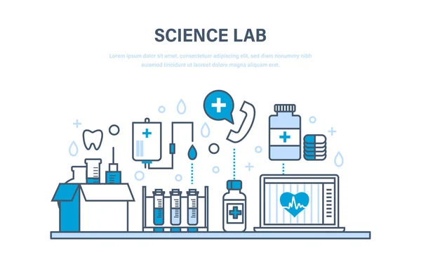 Laboratorio científico, sistema sanitario, medicina, herramientas, equipos, medicamentos, dispositivos, investigación . — Vector de stock