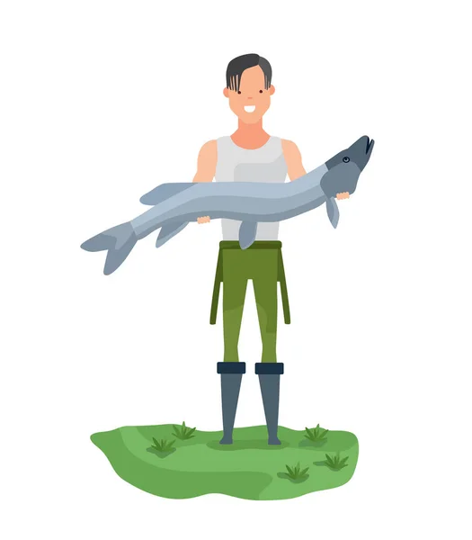 Fisherman on shore, holding huge fish, showing off catch. — Stock Vector