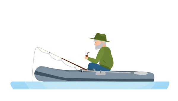 Fisherman is fishing in middle of river, in rubber boat. — Stock Vector
