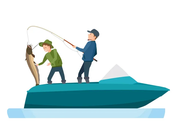 Fishermen take fish, caught on spinning, putting catfish in boat. — Stock Vector