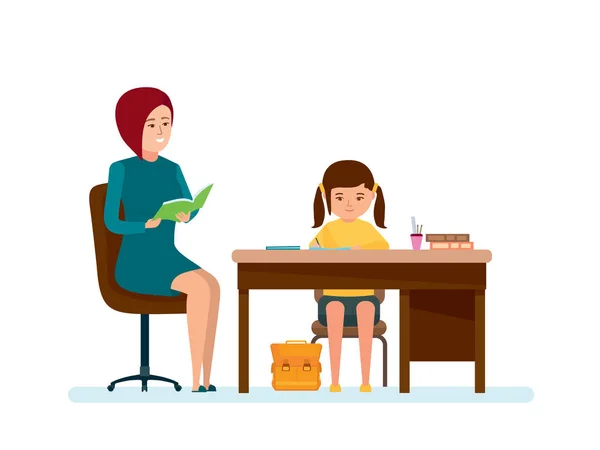 Мама перевіряє домашнє завдання дочки, дівчина робить уроки за столом . — стоковий вектор