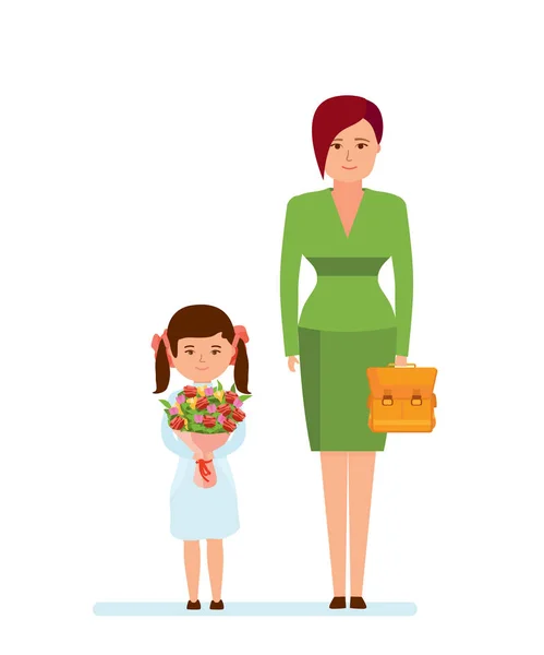 Mãe e filha com belo buquê e mochila na escola . —  Vetores de Stock