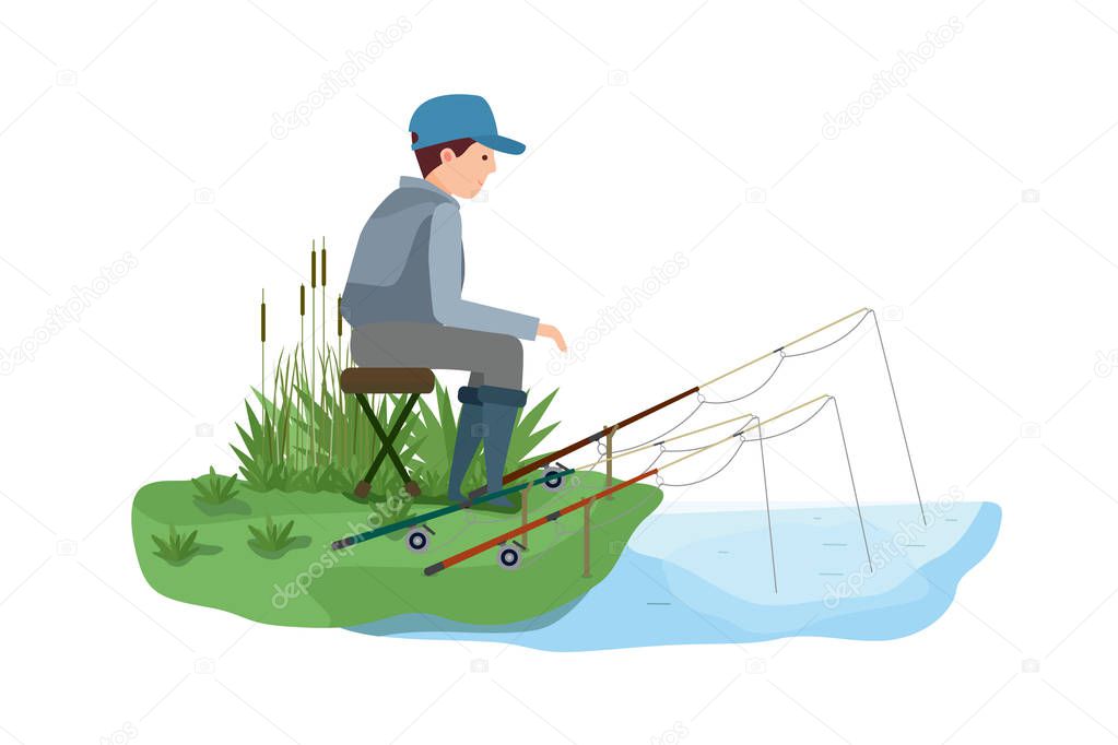 Fisherman, with few fishing rods, sitting on shore of lake.