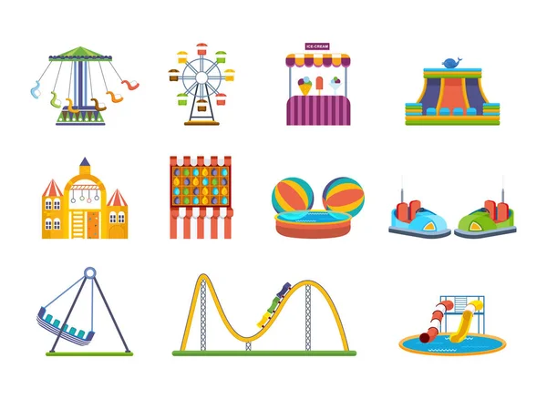 Fairground games, playgrounds and relaxing amusement park. — Stock Vector