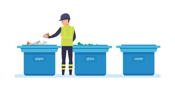 Nettoyage de ville. Déchets ménagers, recyclage. Employé de service ramasser les ordures . — Image vectorielle