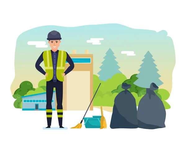 Εργαζόμενος συλλέγει σκουπίδια, ταξινόμηση, για περαιτέρω επεξεργασία των οικιακών απορριμμάτων. — Διανυσματικό Αρχείο