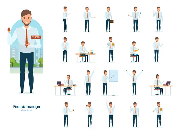 Finanční manažer v přísné pracovní oděvy, různé pózy a situace. — Stockový vektor