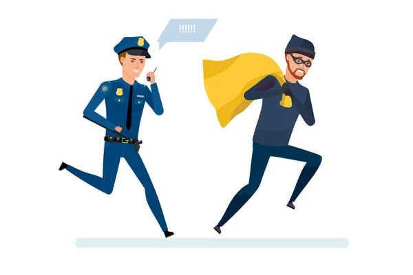 Criminal thief with money, runs away from police officer. — Stock Vector