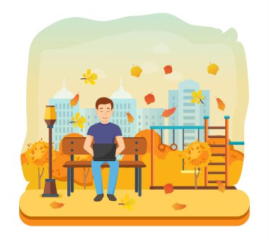 Uzaktan serbest, sonbahar parkta bankta üzerinde koşan adam.