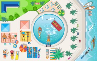 Ayarlamak tema beach, rekreasyon, turizm. Deniz yaz tatili.