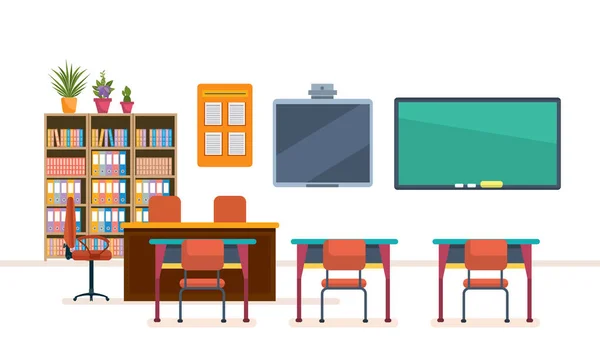 School klas met schoolbord en bureaus. Interieur van de klas. — Stockvector