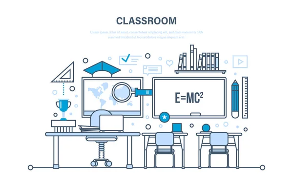 Klasie, wnętrze pokoju, edukacja, kształcenie, nauka, miejscu pracy, wiedzy, nauczanie. — Wektor stockowy