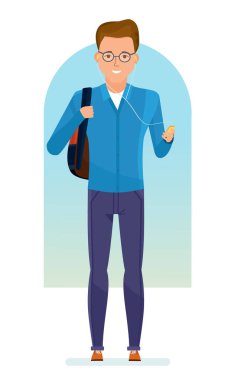 Öğrenci ile onun omuzlarında sırt çantası Player'da müzik dinleme.