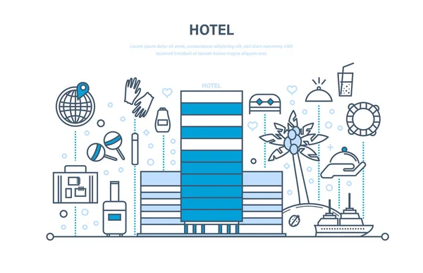 Vacaciones de verano, viajes. Hotel, reserva de habitaciones, exterior, interior del edificio . — Vector de stock