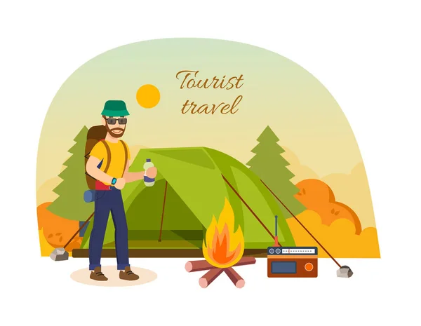 Tourist travel concept. Autumn vacation outdoor, camping and hiking. — Stock Vector