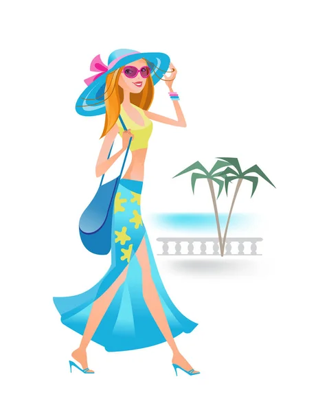 Girl on summer day is resting on tourist trip. — Stock Vector