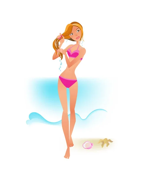 Chica en bikini, viajar en verano en vacaciones, relajarse en el mar . — Archivo Imágenes Vectoriales