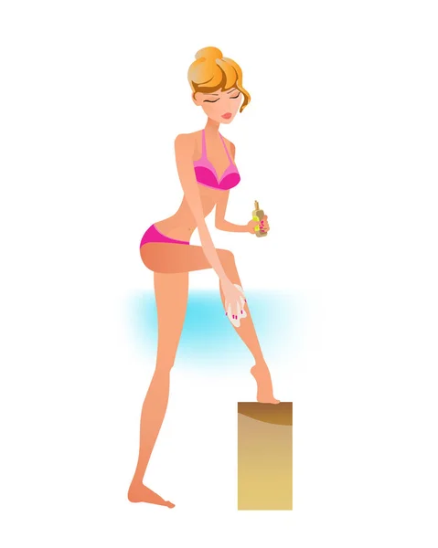 Chica en traje de baño descansando en la playa, unta crema de quemaduras solares . — Archivo Imágenes Vectoriales