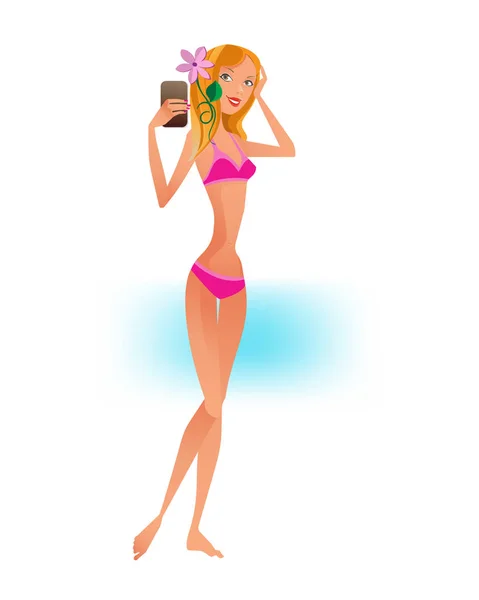 Joven hermosa chica haciendo selfie posando en el teléfono en traje de baño . — Archivo Imágenes Vectoriales