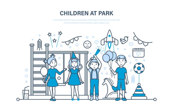 Children 's at park. Дети на открытом воздухе в парке. Игры на детской площадке . — стоковый вектор