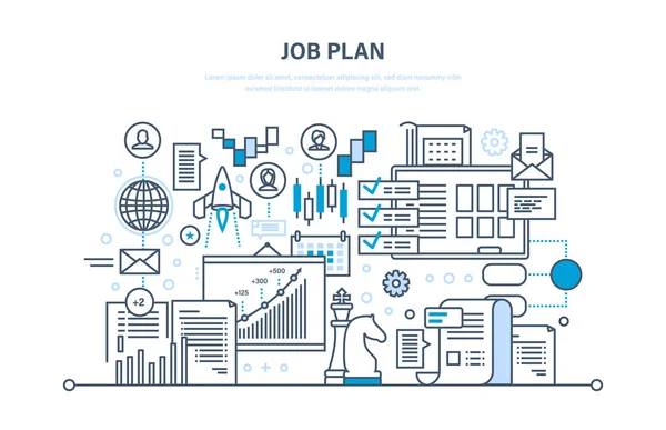 Jobb plan koncept. Tid förvaltning, planering, marknadsföring, organisation. Affärsstrategi. — Stock vektor