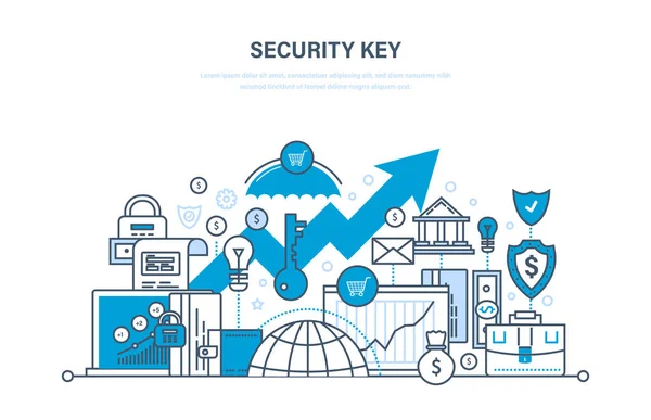 La llave de seguridad. Seguridad del pago, base de datos, red, datos, depósitos, pagos . — Vector de stock