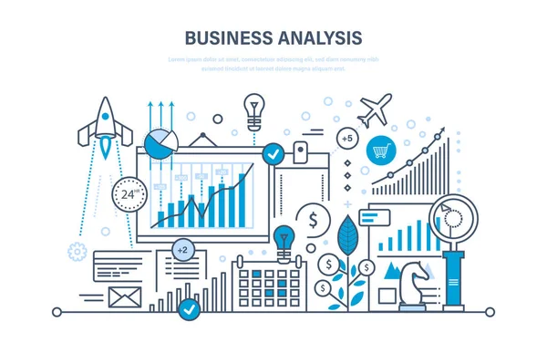 Üzleti elemzés, analytics adatokat és kutatási stratégia statisztika, tervezés, marketing. — Stock Vector