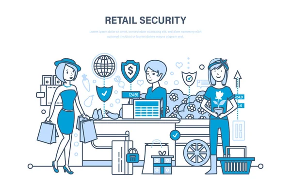 Segurança no varejo. Compras, sistema de pedidos on-line de produtos, pagamentos seguros . —  Vetores de Stock