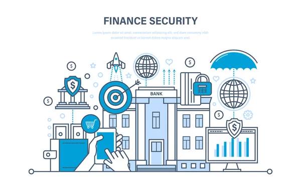 Sicurezza finanziaria, sicurezza dei pagamenti, protezione, depositi in contanti, analisi della finanza . — Vettoriale Stock