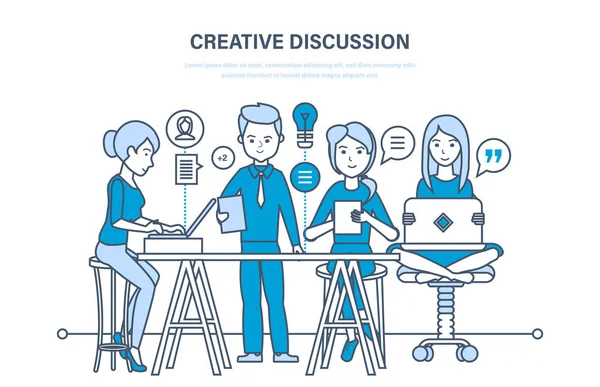 Discussão criativa. Equipe de negócios, colaboração de trabalho em equipe, comunicação, troca de informações importantes . — Vetor de Stock