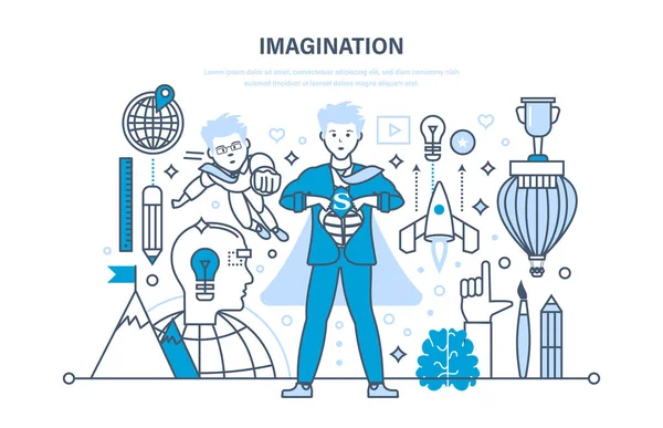 Concetto di immaginazione. Tecnologia dell'innovazione, formazione del cervello, brainstorming, pensiero creativo . — Vettoriale Stock