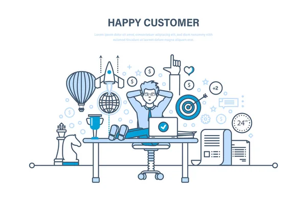 Spokojený zákazník. Úspěšná spolupráce, pozitivní emoce, dosažení účelu. — Stockový vektor