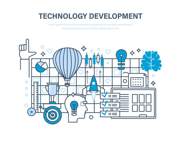 Technológiai fejlesztés. Induló, a kreatív, modern információs technológia, az üzleti folyamatok. — Stock Vector