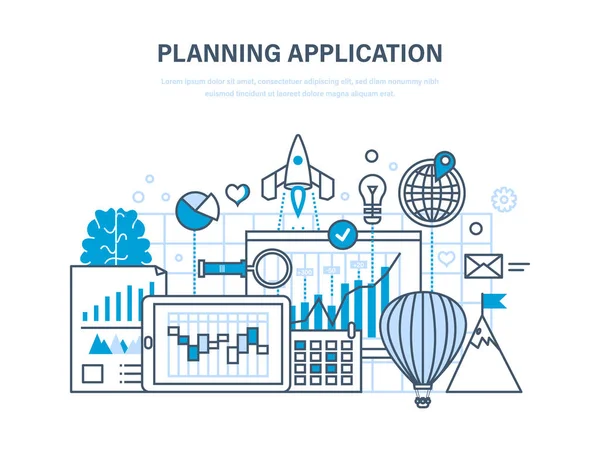 Plan van toepassing. Programmeren en coderen online, proces van de ontwikkeling van de desktop-app. — Stockvector