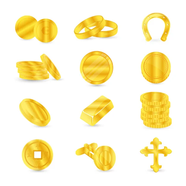Pièces d'or et articles en or : boutons de manchette, bijoux, accessoires religieux . — Image vectorielle