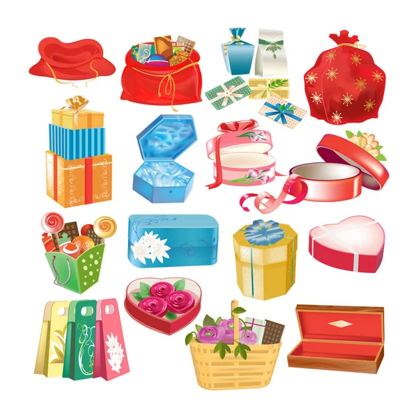 Set of gift decorative boxes, packages and cases, with gifts. — Stock Vector