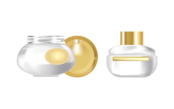 Pair of fragrant face cream, in beautiful transparent glass jar. — Stock Vector