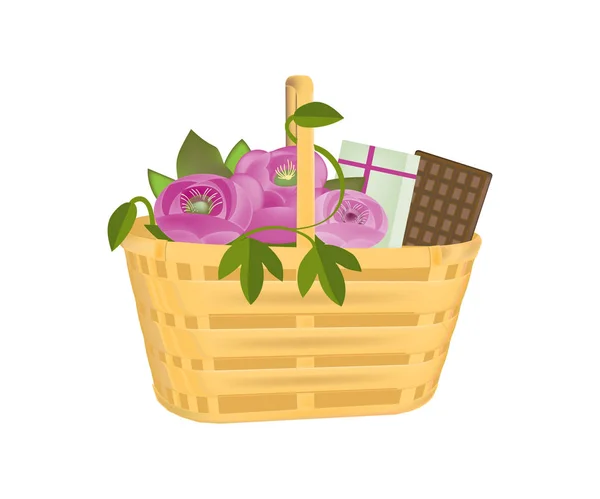 Hermosa cesta de mimbre de regalo con flores, regalos y chocolate . — Vector de stock