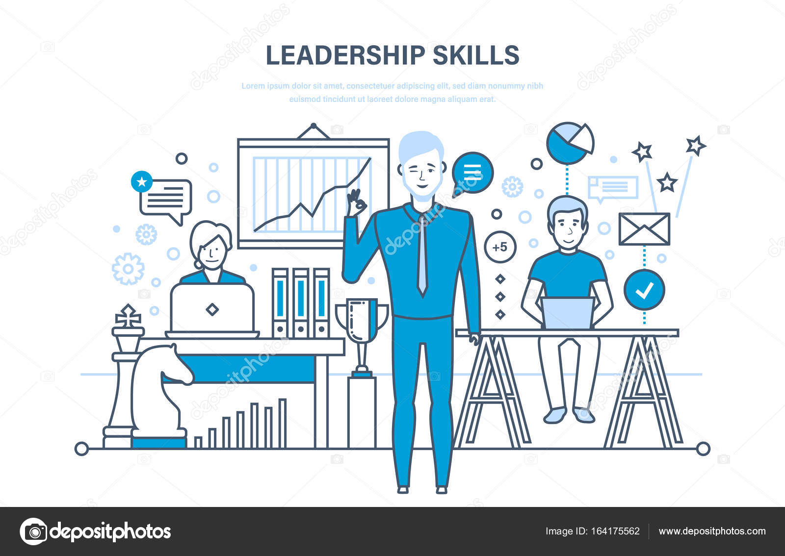 领导能力、 领导力发展、 管理、 职业发展、 提高个人素质. — 图库矢量图片