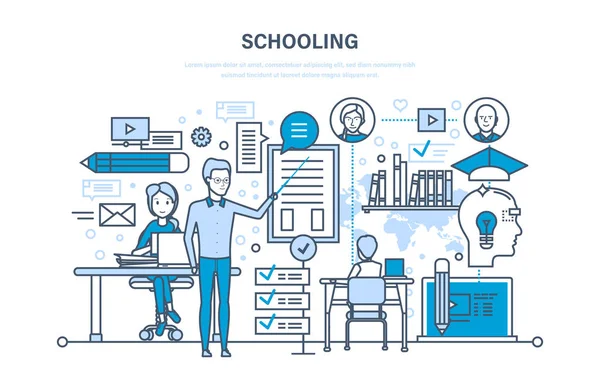 Bersekolah. Pelatihan, pendidikan. Mengajar di kelas. Belajar, pengetahuan . - Stok Vektor