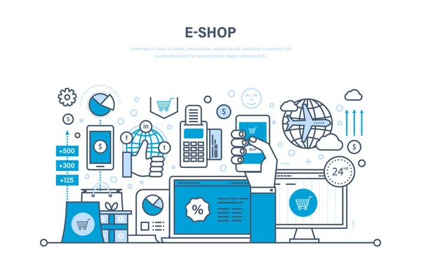 E-shop. Online ordering system of products, secure payment, technical support. — Stock Vector