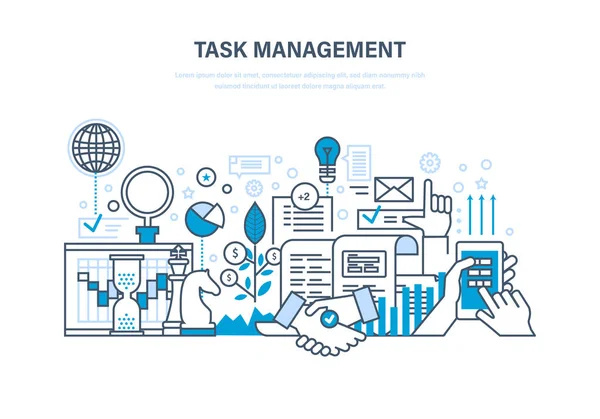 Timemanagement, planning, analyse, onderzoek, marketingstrategie en bedrijfsstrategie. — Stockvector