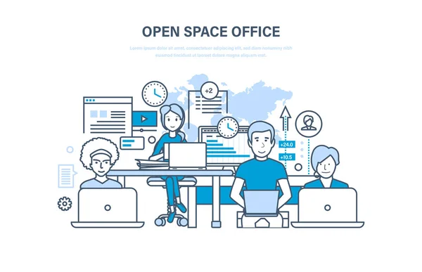 Oficina de espacio abierto. Interior de la habitación. Colaboración, asociaciones, trabajo en equipo . — Vector de stock