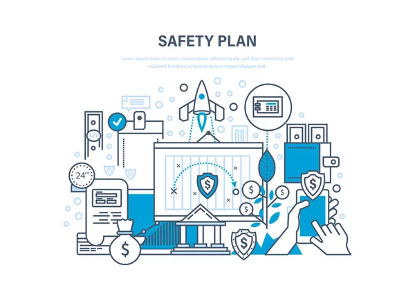Veiligheidsplan. Veilige opslag van financiële besparingen, gegevens, bescherming van informatie. — Stockvector