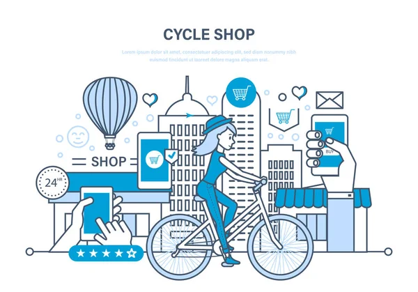 Tienda de bicicletas. Compra de bienes, pedidos, pagos, entrega, calificación de bienes . — Vector de stock