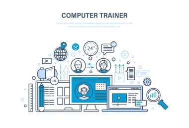 Bilgisayar eğitmeni. Kişisel antrenör online. Uzaktan eğitim, bilgi, öğretim.
