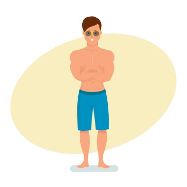 Sörfçü bize, sürpriz bir bakışla, kollarını çapraz ile karşı karşıya.