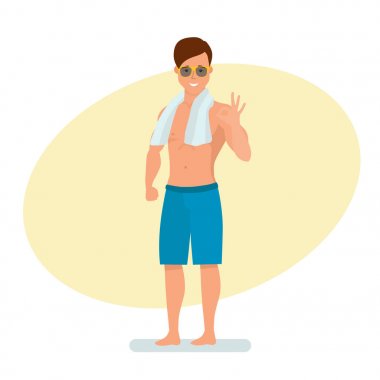 İşaret iyi gösteren adam boynuna, havluyla banyo sonra.