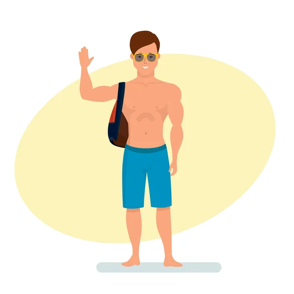 Surfista com mochila no ombro, de pé recebe com palma levantada . — Vetor de Stock