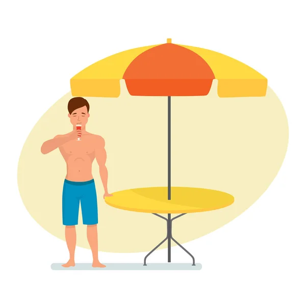 Man drinks fruit cocktail while standing near summer cafe. — Stock Vector